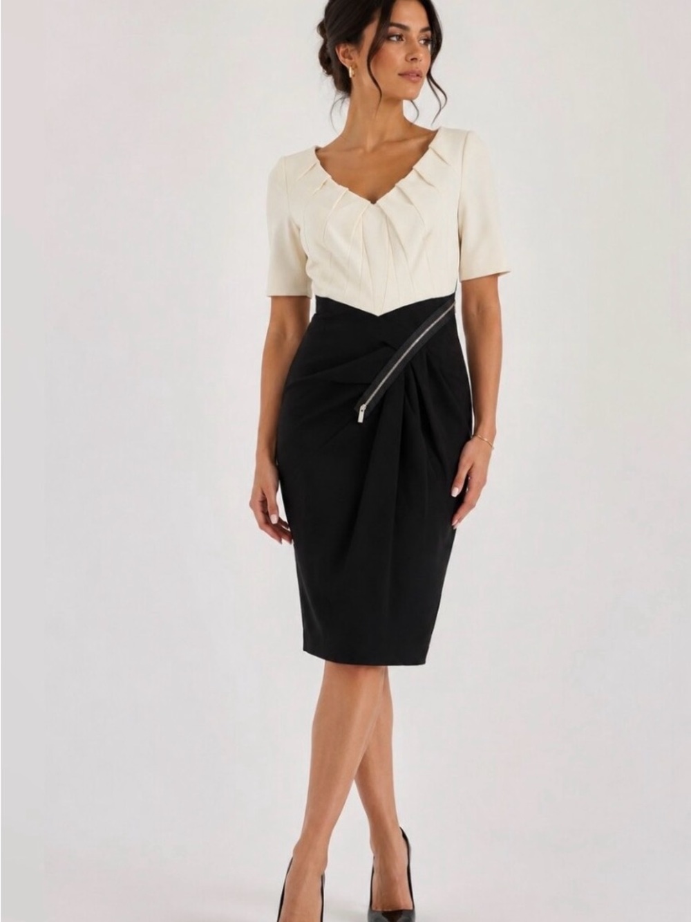 Karen Millen Colorblock Sheath Dress Ivory Black Sculpted Zip Detail US 2 EUC